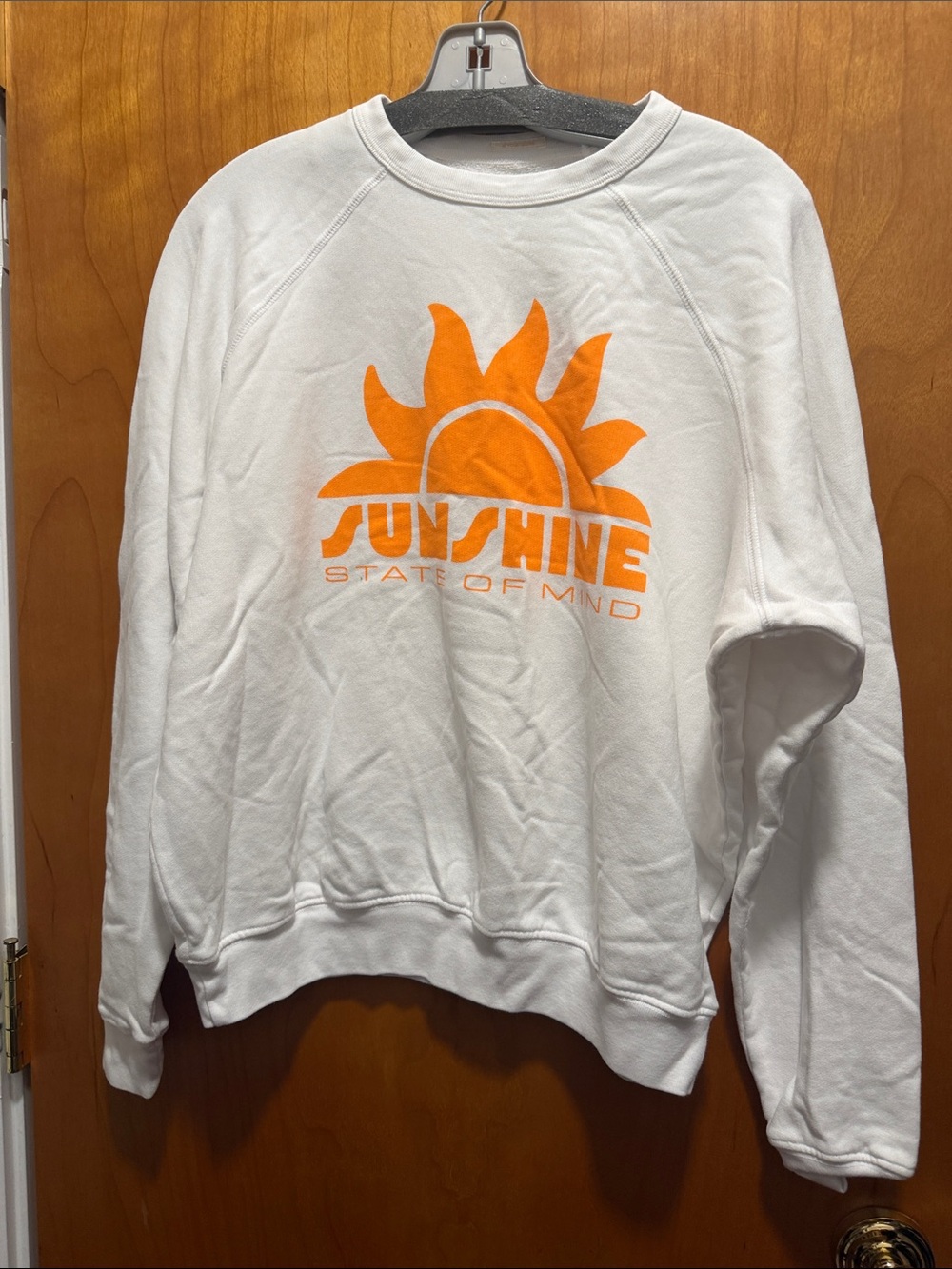 MOTHER White Crewneck Sweatshirt with Bright Orange 'Sunshine' Graphic